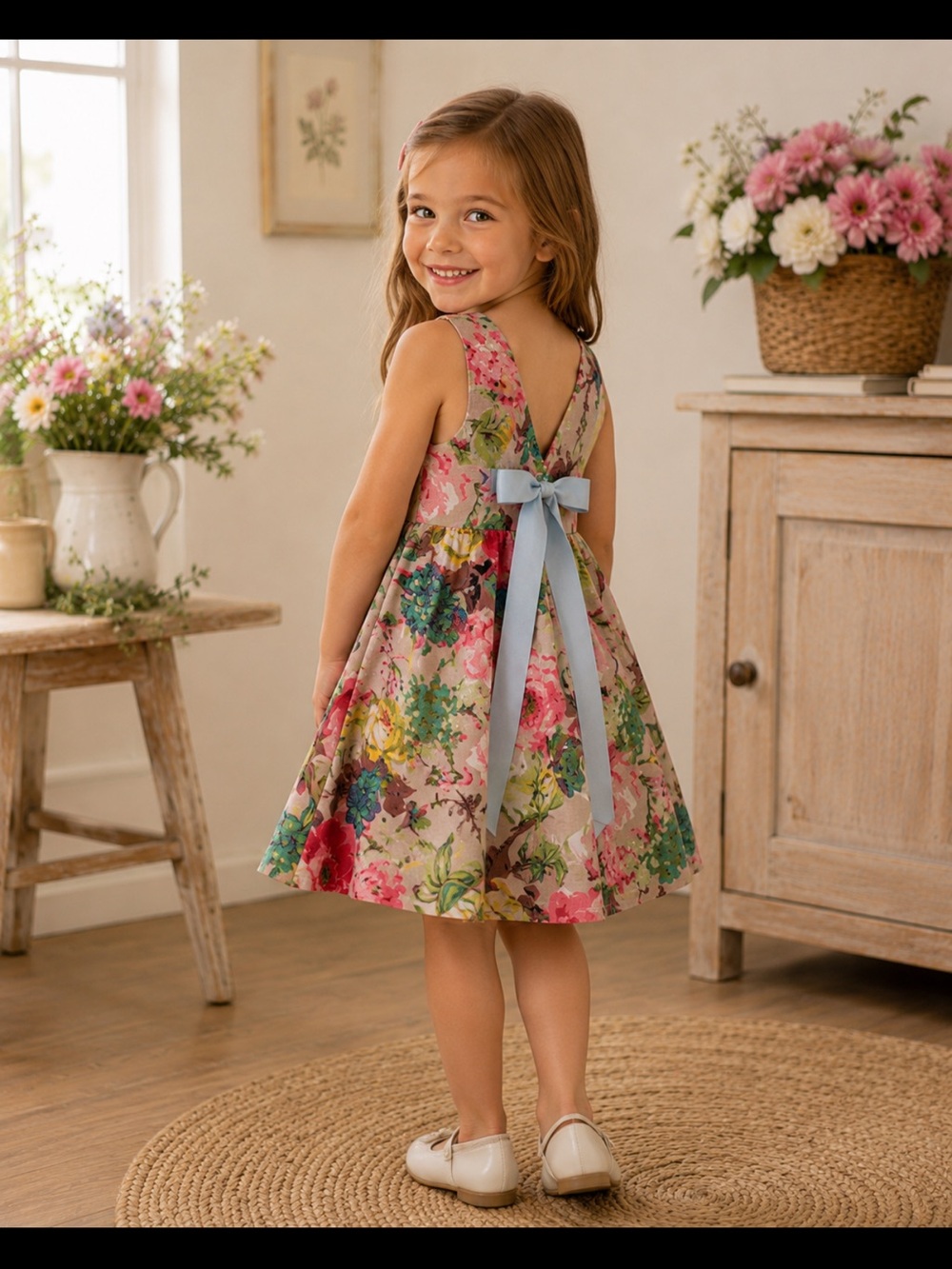 Mud Kingdom girls floral dress size 110 (5Y) bow A-line cotton sleeveless
